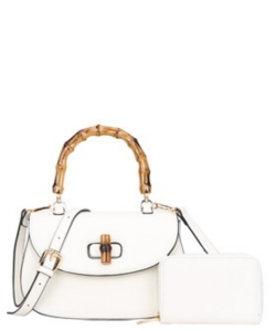 Bamboo Top Handle Flap 2-in-1 Satchel BC-789 WHITE